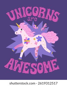 Unicorn vector illustration with hand lettering quote. Cute cartoon design for greeting card, nursery poster, t-shirt, stationery.
