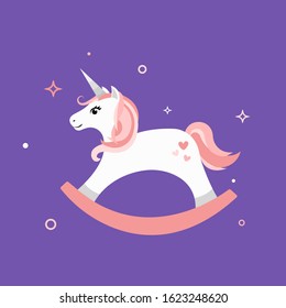 Unicorn. Vector illustration of lovely rocking toy unicorn with opened eyes isolated on  background. Cute cartoon character