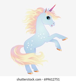 Unicorn vector  illustration. Magic fantasy horse design for children t-shirt and bags. Childish character blue unicorn with gold hair