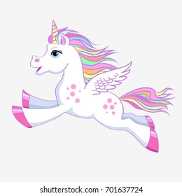 Unicorn vector  illustration. Magic fantasy horse design for children t-shirt and bags. Childish character White unicorn  with rainbow hair