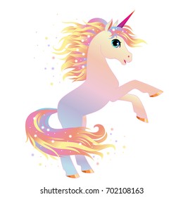 Unicorn vector  illustration. Magic fantasy horse design for children t-shirt and bags. Childish character rainbow unicorn with rainbow hair