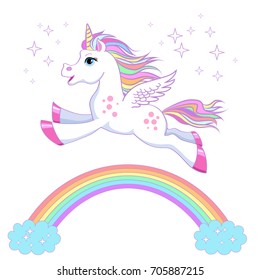 Unicorn vector  illustration. Magic fantasy horse design for children t-shirt and bags. Childish character White unicorn  with rainbow hair