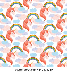 Unicorn. Vector illustration on white background. Seamless pattern. Flat design style. Swatch inside