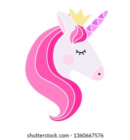 Unicorn vector illustration in pink colors, flat style. Baby clothes design. Cute nursery decoration. Fantastic animals from fairy tales for children. EPS10