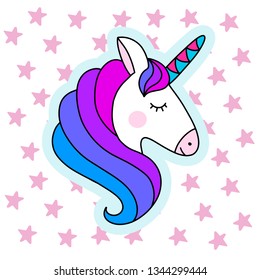Unicorn vector illustration in rainbow colors with stars, flat style image for sticker, patch, pin. Baby clothes design. Cute nursery decoration. Fantastic animals from fairy tales for children. EPS10