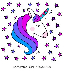 Unicorn vector illustration in rainbow colors with stars, flat style. Baby clothes design. Cute nursery decoration. Fantastic animals from fairy tales for children. Perfect for stickers. EPS10