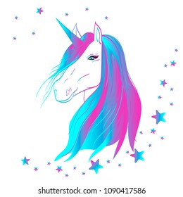 Unicorn vector illustration. Rainbow hair. Cute fantasy animal.