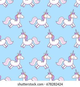 Unicorn. Vector illustration. Seamless pattern. Rainbow unicorns on blue background. Cute wallpaper with unicorns.