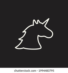 Unicorn vector illustration. Simple white unicorn icon, hand drawing. Neon like myth creature sign, symbol. Isolated on black background.