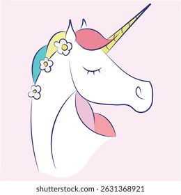 Imagem vetorial de unicórnio. Ilustração isolada de unicórnio. Cavalo de cor. Pônei mágico. Vetor desenhado à mão. Adesivo de unicórnio