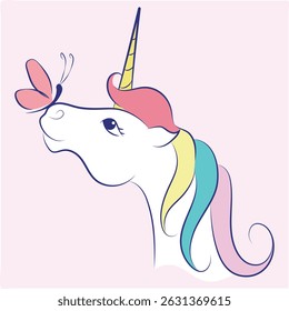 Imagem vetorial de unicórnio. Ilustração isolada de unicórnio. Cavalo de cor. Pônei mágico. Vetor desenhado à mão. Adesivo de unicórnio