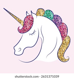 Imagem vetorial de unicórnio. Ilustração isolada de unicórnio. Cavalo de cor. Pônei mágico. Vetor desenhado à mão. Adesivo de unicórnio. Brilho