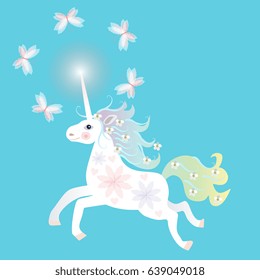 Unicorn vector isolated on blue and beautiful butterflies.