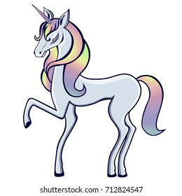 Unicorn vector  isolated on white.. Cute magic cartoon fantasy cute animal. Rainbow hair. Dream symbol. Design for children.