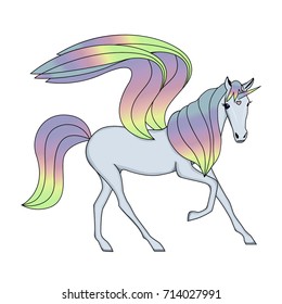 Unicorn vector  isolated on white.. Cute magic cartoon fantasy cute animal. Rainbow hair. Dream symbol. Design for children.