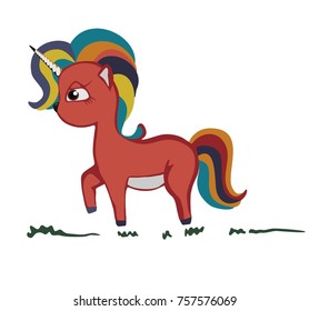 Unicorn vector isolated on white. Cute magic cartoon fantasy cute animal. Rainbow hair. Dream symbol. Design for children