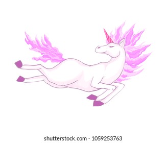 Unicorn Vector magical. Flies on white background. Cute cartoon horse. Greeting card for children. Printing on T-shirts, fabrics, phone case, poster, stickers, wrappers.