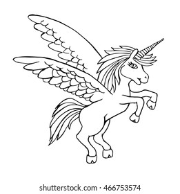 Unicorn vector on a white background. Object isolated illustration. Doodle style. Cloth design, wallpaper, wrapping, textiles, paper, cards, invitations, holiday, birthday. Color  magic art. Eps10.