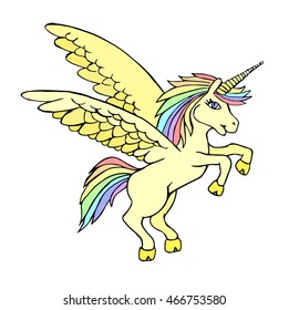 Unicorn vector on a white background. Object isolated illustration. Doodle style. Cloth design, wallpaper, wrapping, textiles, paper, cards, invitations, holiday, birthday. Color  magic art. Eps10.