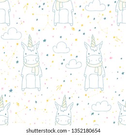 Unicorn. Vector seamless pattern with cute animals in scandinavian hand-drawn style in space background.
