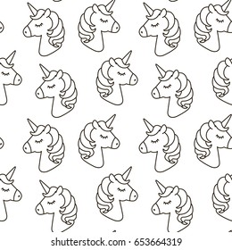 Unicorn vector seamless pattern. Horse head sleep. Black and white outline icon isolated. Cute magic cartoon fantasy animal. Dream symbol. Design for children, textile texture, baby interior