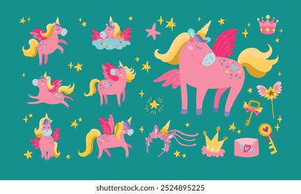 Unicorn vector set. Fantasy animal collection with gold horn and mane.