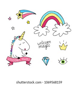 Unicorn vector set. Hand drawn magic rainbow, crown, star, head horse. Fashion modern collection, patch badge, sticker, design for print notes, card, notebook, fabric textile, poster