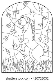 Unicorn. Vector stained glass. Line art. Coloring page