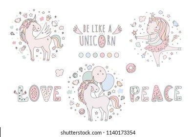 Unicorn vector sweet cute illustration. Magic fantasy design. Cartoon rainbow animal isolated horse. Fairy tale unicorn print poster.