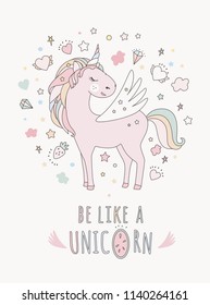 Unicorn vector sweet cute illustration. Magic fantasy design. Cartoon rainbow animal isolated horse. Fairy tale unicorn print poster.