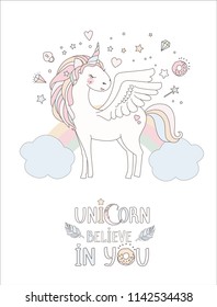 Unicorn vector sweet cute illustration. Magic fantasy design. Cartoon rainbow animal isolated horse. Fairytale unicorns print poster.