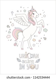 Unicorn vector sweet cute illustration. Magic fantasy design. Cartoon rainbow animal isolated horse. Fairytale unicorns print poster.