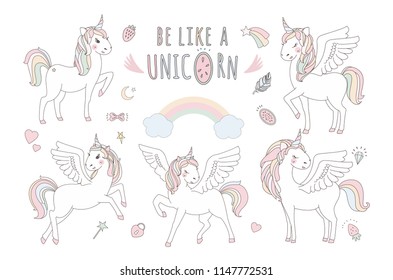 Unicorn vector sweet cute illustration. Magic fantasy design. Cartoon rainbow animal isolated horse. Fairytale unicorns print poster.