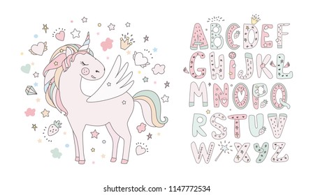 Unicorn vector sweet cute illustration. Magic fantasy design. Cartoon rainbow animal isolated horse. Fairytale unicorns print poster.