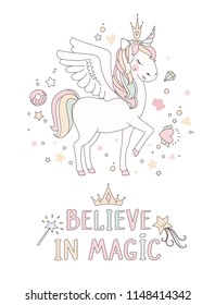 Unicorn vector sweet cute illustration. Magic fantasy design. Cartoon rainbow animal isolated horse. Fairytale unicorns print poster.