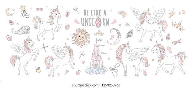 Unicorn vector sweet cute illustration. Magic fantasy design. Cartoon rainbow animal isolated horse. Fairytale unicorns print poster.