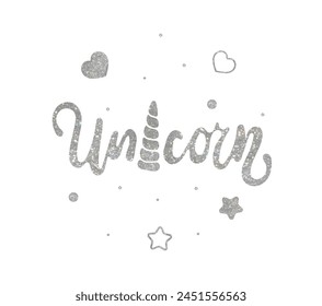 Unicornio. Texto de Vector con estrellas plateadas y letra curvada manuscrita