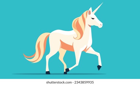 Unicorn vector - White horse with horn illustration in side view, flat design on teal background