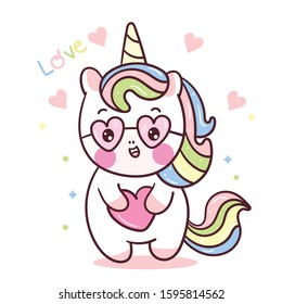 Unicorn vector,Cute pony cartoon girly doodles Valentines day (Kawaii animal) Illustration of pretty character in pastel color,Fairytales horse. Nursery decoration,hand drawn. Perfect for kid fashion.