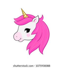 Unicorn vectorisolated on white. Head portrait horse sticker, patch badge. Cute magic cartoon fantasy cute animal. Dream symbol. Design for children