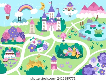 Unicorn village map. Fairytale background. Vector magic country scenes infographic elements with castle, rainbow, forest, pond, road. Fantasy world plan with fallen stars, treasures, sweets
 svg