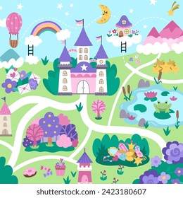 Unicorn village map. Fairytale background. Vector magic country scenes infographic elements with castle, rainbow, forest, pond, road. Fantasy world square plan with fallen stars, treasures
