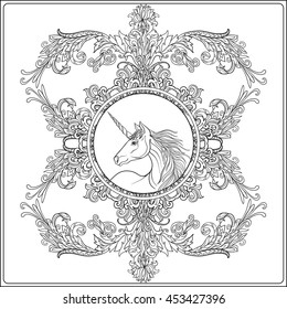 Unicorn in vintage decorative floral mandala frame. Vector illustration. Coloring book for adult and older children. Outline drawing coloring page.