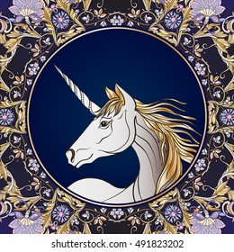 Unicorn in vintage decorative floral mandala frame. Vector illustration. Good for greeting card for birthday, invitation or banner