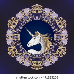 Unicorn in vintage decorative floral mandala frame. Vector illustration. Good for greeting card for birthday, invitation or banner