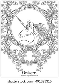 Unicorn in vintage decorative floral mandala frame. Vector illustration. Coloring for adult and older children. Outline drawing page.