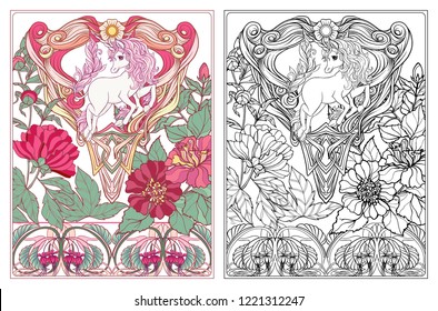 Unicorn and vintage frame and flowers. Vector illustration. In art nouveau, vintage, old, retro style. Outline hand drawing. Good for coloring page for the adult coloring book with colored sample.