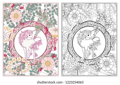 Unicorn and vintage frame and flowers. Vector illustration. In art nouveau, vintage, old, retro style. Outline hand drawing. Good for coloring page for the adult coloring book with colored sample.