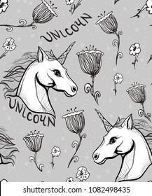 Unicorn Vintage style gothic seamless pattern Vector illustration. Character tattoo design artwork for print sketchbook cover, fabric textiles. Retro music cover, summer t-shirt, sticker. 