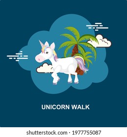 Unicorn walk with multicolour tail on blue background with tree behind flat concept design